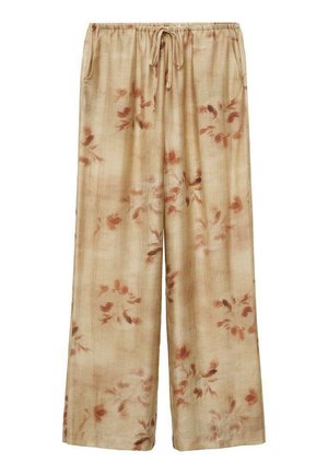Pantaloni beige chiaro a gamba larga realizzati in tessuto morbido, con un motivo floreale nei toni ruggine, dotati di vita elastica e coulisse.