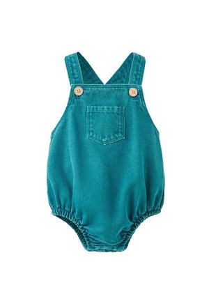 Combinaison bébé bleu sarcelle avec poche avant, bretelles à boutons en bois et ouvertures élastiques aux jambes, en tissu velours côtelé doux.