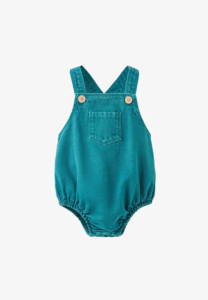 Combinaison bébé bleu sarcelle avec poche avant, bretelles à boutons en bois et ouvertures élastiques aux jambes, en tissu velours côtelé doux.