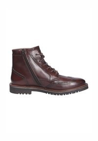 Bruine leren enkelboot met een ronde neus, veters, een zijrits, brogue-accenten en een stevige rubberen zool.
