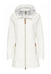 Witte lichte jack met een capuchon, doorlopende rits en zijzakken met tan accenten. Soepele textuur met een moderne pasvorm.