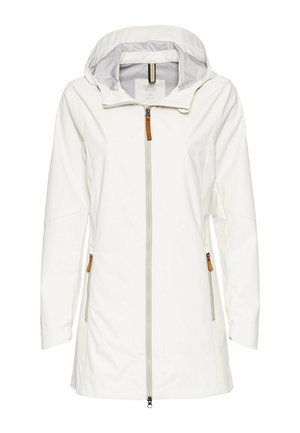 Witte lichte jack met een capuchon, doorlopende rits en zijzakken met tan accenten. Soepele textuur met een moderne pasvorm.