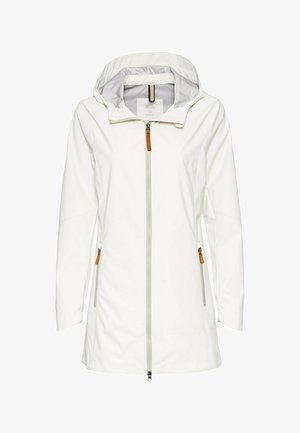 White lightweight jacket with a hood, full-length zipper, and side pockets featuring tan accents. Smooth texture with a modern fit.