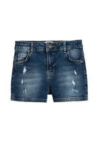 Jeansshorts i mörkblått med slitna detaljer. Har dragkedja, femfickorsdesign och kontrasterande sömmar.