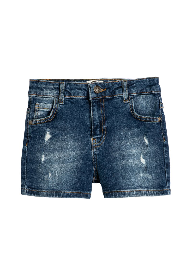 Jeansshorts i mörkblått med slitna detaljer. Har dragkedja, femfickorsdesign och kontrasterande sömmar.