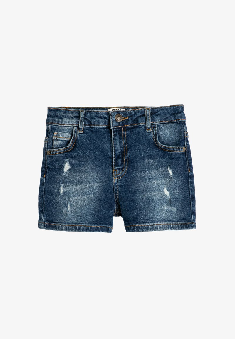 Szorty dżinsowe w ciemnoniebieskim kolorze z przetartymi akcentami. Posiadają zamek błyskawiczny, pięć kieszeni oraz kontrastowe przeszycia.