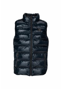 Lesklá černá prošívaná bezrukávová puffer vesta s vysokým límcem, předním zipem a dvěma zipovými kapsami na každé straně.