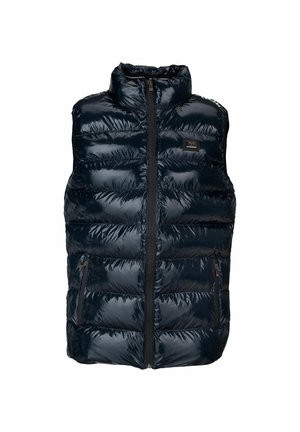 Gilet trapuntato senza maniche di colore nero lucido, con collo alto, cerniera frontale e due tasche con cerniera su ciascun lato.