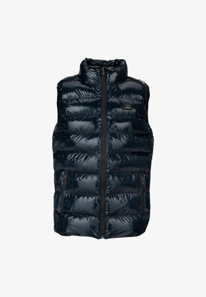 Chaleco acolchado negro brillante sin mangas, con cuello alto, cremallera frontal y dos bolsillos con cremallera a cada lado.