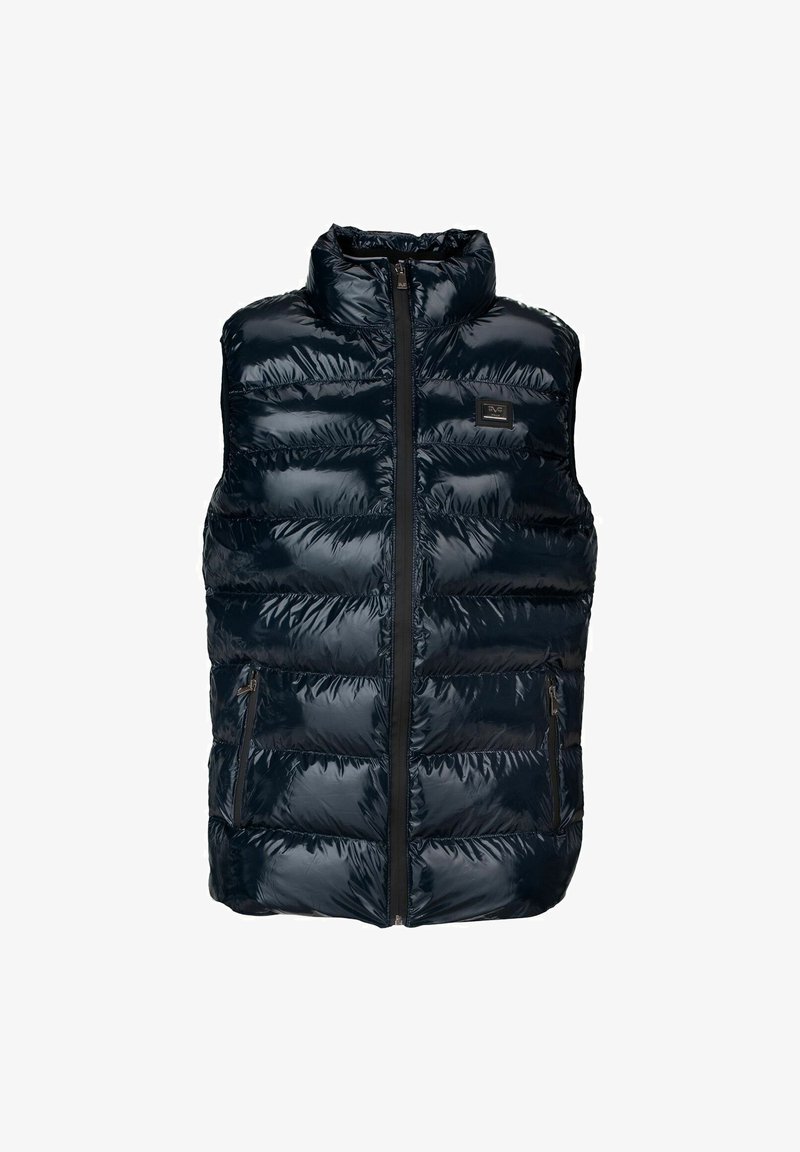 Lesklá černá prošívaná bezrukávová puffer vesta s vysokým límcem, předním zipem a dvěma zipovými kapsami na každé straně.