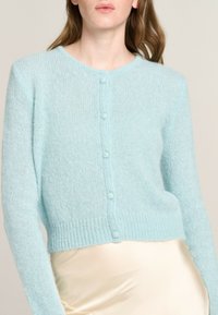 Light blue, cropped cardigan made of soft knit fabric, featuring a round neck, ribbed hem, and six buttons down the front.