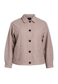 Brown wool blend jacket with a collared neck, six buttons, two front pockets, and long sleeves. Soft texture with a structured fit.