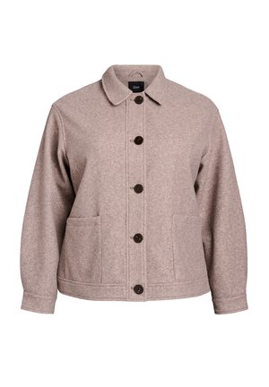 Brown wool blend jacket with a collared neck, six buttons, two front pockets, and long sleeves. Soft texture with a structured fit.
