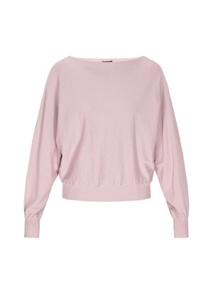 Svijetlo ružičasti pleteni pulover s širokim izrezom, spuštenim ramenima i rebrastim manžetama i rubom. Mekana tekstura i opušteni kroj.