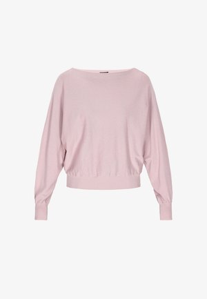 Svijetlo ružičasti pleteni pulover s širokim izrezom, spuštenim ramenima i rebrastim manžetama i rubom. Mekana tekstura i opušteni kroj.