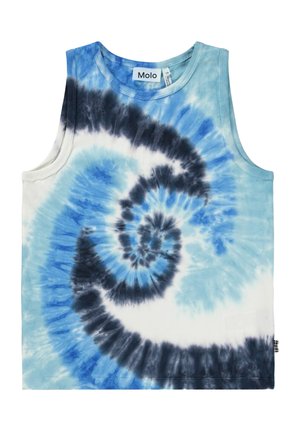 Canotta senza maniche per bambini con motivo a spirale tie-dye blu, nero e bianco, taglia 128 etichettata dal marchio Molo.