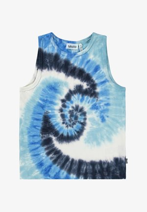 Camiseta sin mangas para niños con patrón de espiral tie-dye en azul, negro y blanco, con etiqueta de talla 128 de la marca Molo.