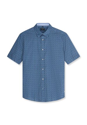 Blue short-sleeve button-up shirt with a small geometric pattern in lighter blue and subtle red accents, featuring a classic collar.
