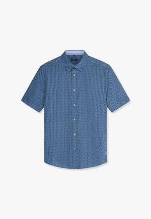 Blauw overhemd met korte mouwen, met een klein geometrisch patroon in een lichtere blauwe kleur en subtiele rode accenten, met een klassieke kraag.