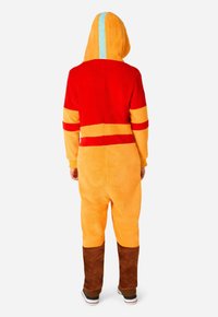 Oranž ja punane fliisist ülikond kapuutsiga, kapuutsil sinise triibuga. Alumistel jalgadel pruunid aktsendid. Pehme tekstuur.