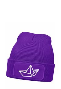 Purple knitted beanie with ribbed texture and a folded cuff, featuring a white paper boat graphic on a rectangular patch.