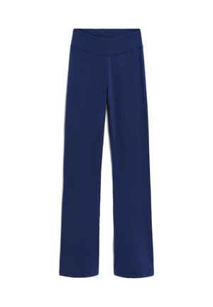 Navy blue wide-leg pants with a smooth waistband, made from lightweight fabric, featuring a simple, unembellished design and straight cut.