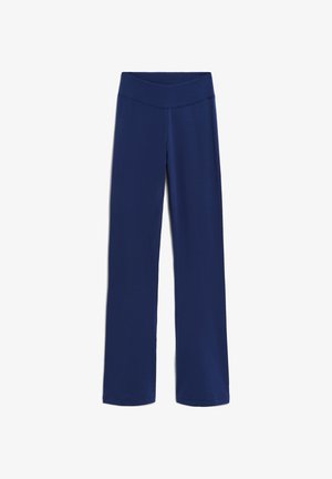 Navyblauwe wijd gesneden broek met een gladde tailleband, gemaakt van lichtgewicht stof, met een eenvoudig, onversierd ontwerp en rechte snit.