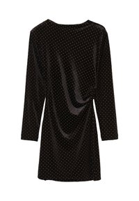Robe en velours noir à manches 3/4, ornée de pois dorés, avec un détail drapé sur le côté et un col rond. Texture lisse avec une finition brillant.