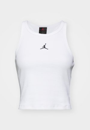 Débardeur court blanc en coton avec une texture côtelée. Présente un logo Jordan noir au centre et une encolure ras du cou classique.