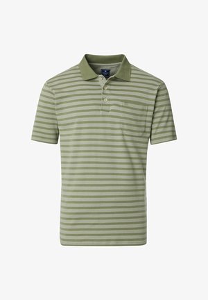 Grün gestreiftes Poloshirt mit Kragen, kurzen Ärmeln und einer kleinen Tasche auf der linken Seite. Aus weichem Baumwollmaterial.