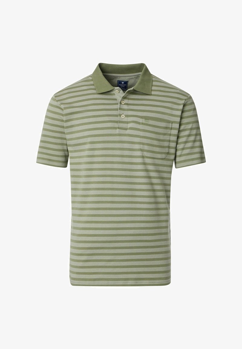 Zielona koszulka polo w paski z kołnierzykiem, krótkimi rękawami i małą kieszonką po lewej stronie. Wykonana z miękkiej bawełny.