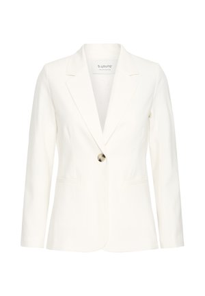 Blazer blanco a medida para mujer con mangas largas, solapas con muesca, dos bolsillos de ojal delanteros y cierre con un solo botón de carey.