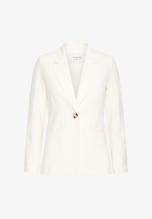 Blazer blanco a medida para mujer con mangas largas, solapas con muesca, dos bolsillos de ojal delanteros y cierre con un solo botón de carey.