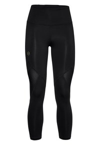 Czarne legginsy sportowe z wysokim stanem, z siateczkowymi panelami po bokach i małym logo w kontrastującym zielonym kolorze. Gładka tekstura.