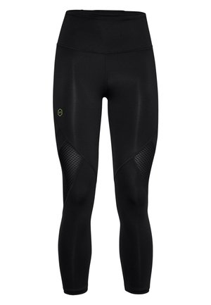 Leggings de sport noirs avec une taille haute, équipés de panneaux en mesh sur les côtés et d'un petit logo en vert contrasté. Texture lisse.