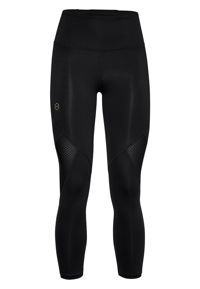Czarne legginsy sportowe z wysokim stanem, z siateczkowymi panelami po bokach i małym logo w kontrastującym zielonym kolorze. Gładka tekstura.