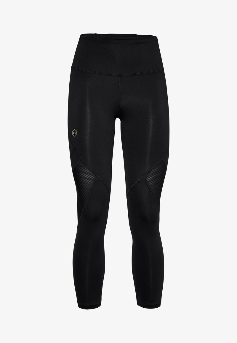 Czarne legginsy sportowe z wysokim stanem, z siateczkowymi panelami po bokach i małym logo w kontrastującym zielonym kolorze. Gładka tekstura.