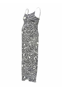 Robe maxi de maternité sans manches avec motif feuilles noir et blanc, bustier ajusté et taille empire.