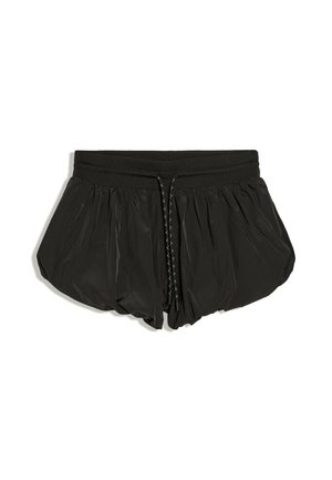 Pantaloncini sportivi neri leggeri con design arricciato e vita con coulisse nera su sfondo bianco.