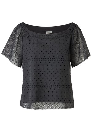Czarna bluzka z krótkim rękawem z haftowanymi ażurowymi wzorami, strukturalnym wykończeniem i szerokim dekoltem. Miękka tkanina z lekko prześwitującą nakładką.