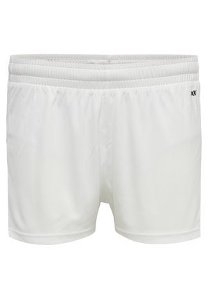 White sports shorts with an elastic waistband, smooth texture, and minimalistic design, featuring a small logo on the left side.