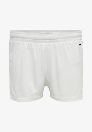 Weiße Sportshorts mit elastischem Bund, glatter Textur und minimalistischem Design, ausgestattet mit einem kleinen Logo auf der linken Seite.