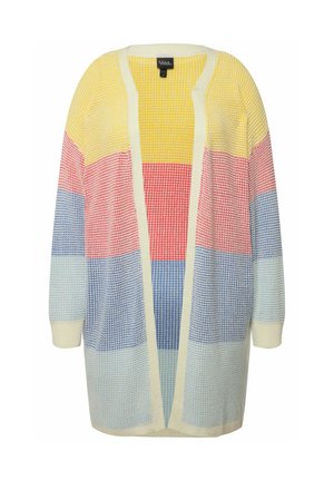 Gehaakte cardigan met een kleurblokontwerp in geel, rood, blauw en pastelkleuren. Open voorkant met 3/4-mouwen en een textuurpatroon.
