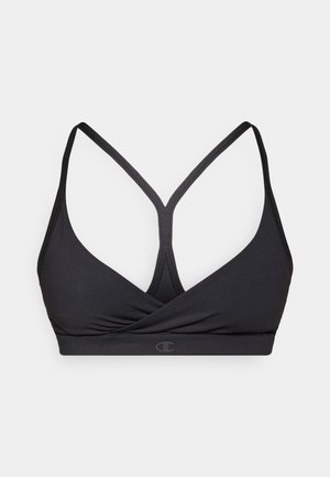 Melnā bralette ar V-veida dekoltē, ar krusteniskām siksnām mugurpusē un platu apakšmala ar logo. Gluda, elastīga auduma.