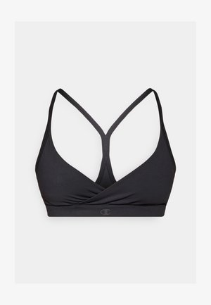 Svart bralette med V-halsdesign, med kryssede stropper på baksiden og et bredt bånd med logo. Glatt, elastisk stoff.