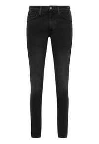 Schwarze Skinny-Jeans aus Denim-Stoff, mit einem klassischen Fünf-Taschen-Design, Knopfverschluss und dezenten Verwaschungen auf der Vorderseite.