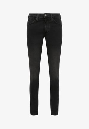 Schwarze Skinny-Jeans aus Denim-Stoff, mit einem klassischen Fünf-Taschen-Design, Knopfverschluss und dezenten Verwaschungen auf der Vorderseite.