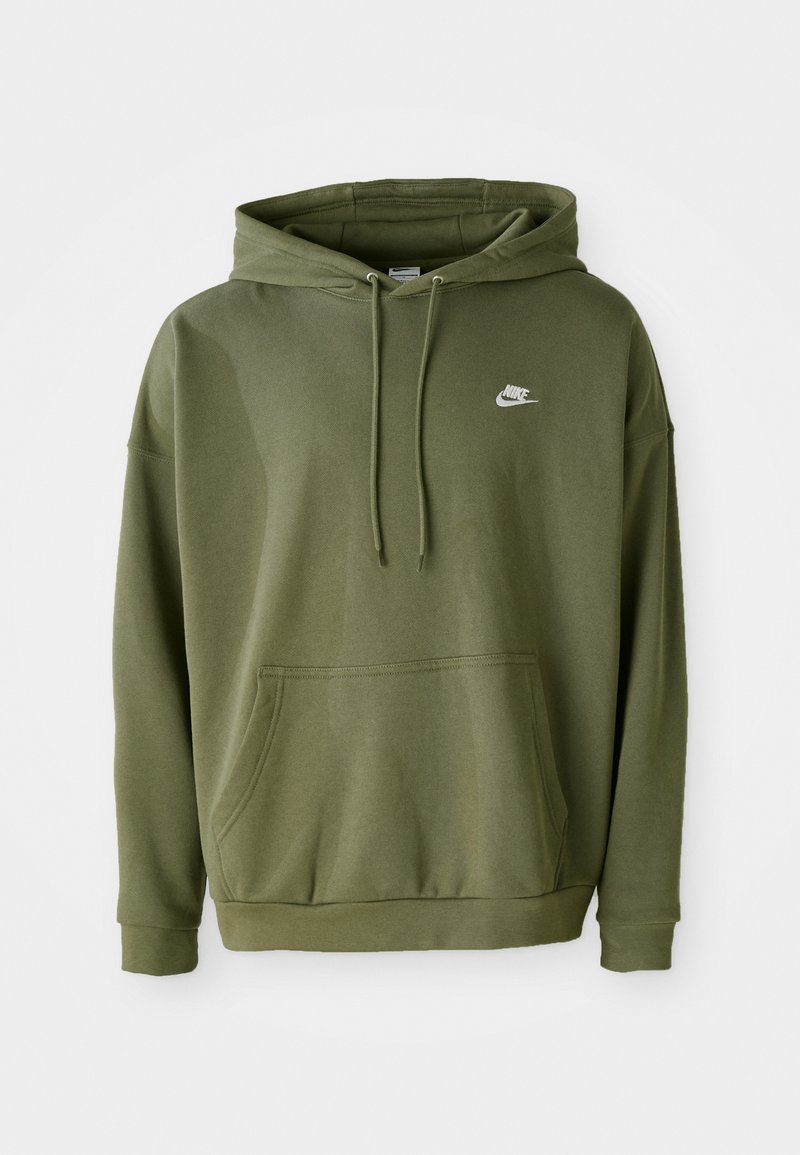 Ελιάς πράσινη φόρμα με κουκούλα και κορδόνι, τσέπη καγκουρό και μικρό λευκό λογότυπο της Nike στο στήθος. Κατασκευασμένη από μαλακό ύφασμα με ριγέ μανσέτες.