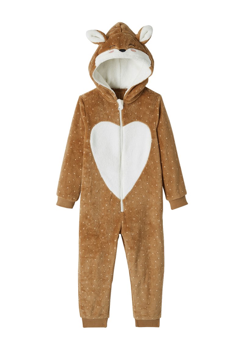 Brown fleece kids' onesie with white heart on chest, hood with deer face and ears, zipper front, and small white polka dots.