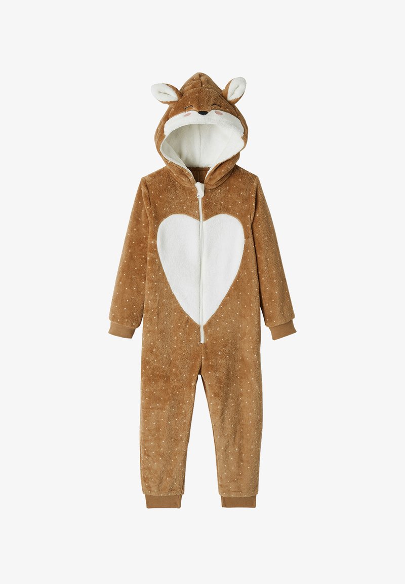 Brown fleece kids' onesie with white heart on chest, hood with deer face and ears, zipper front, and small white polka dots.